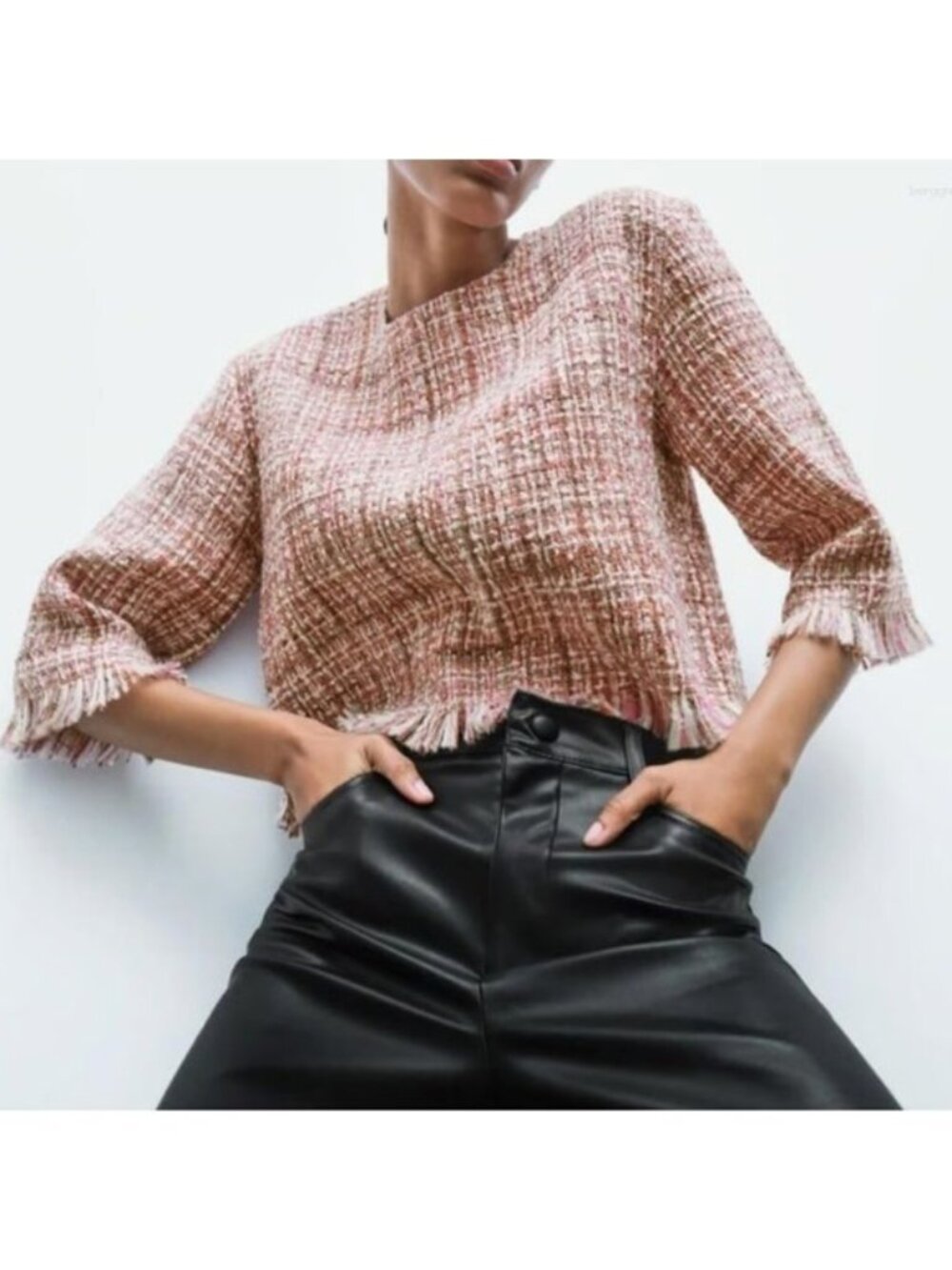 Zara Pink Bouclé Tweed Crop Top Womens Small Frayed Hem Designer Inspired Style